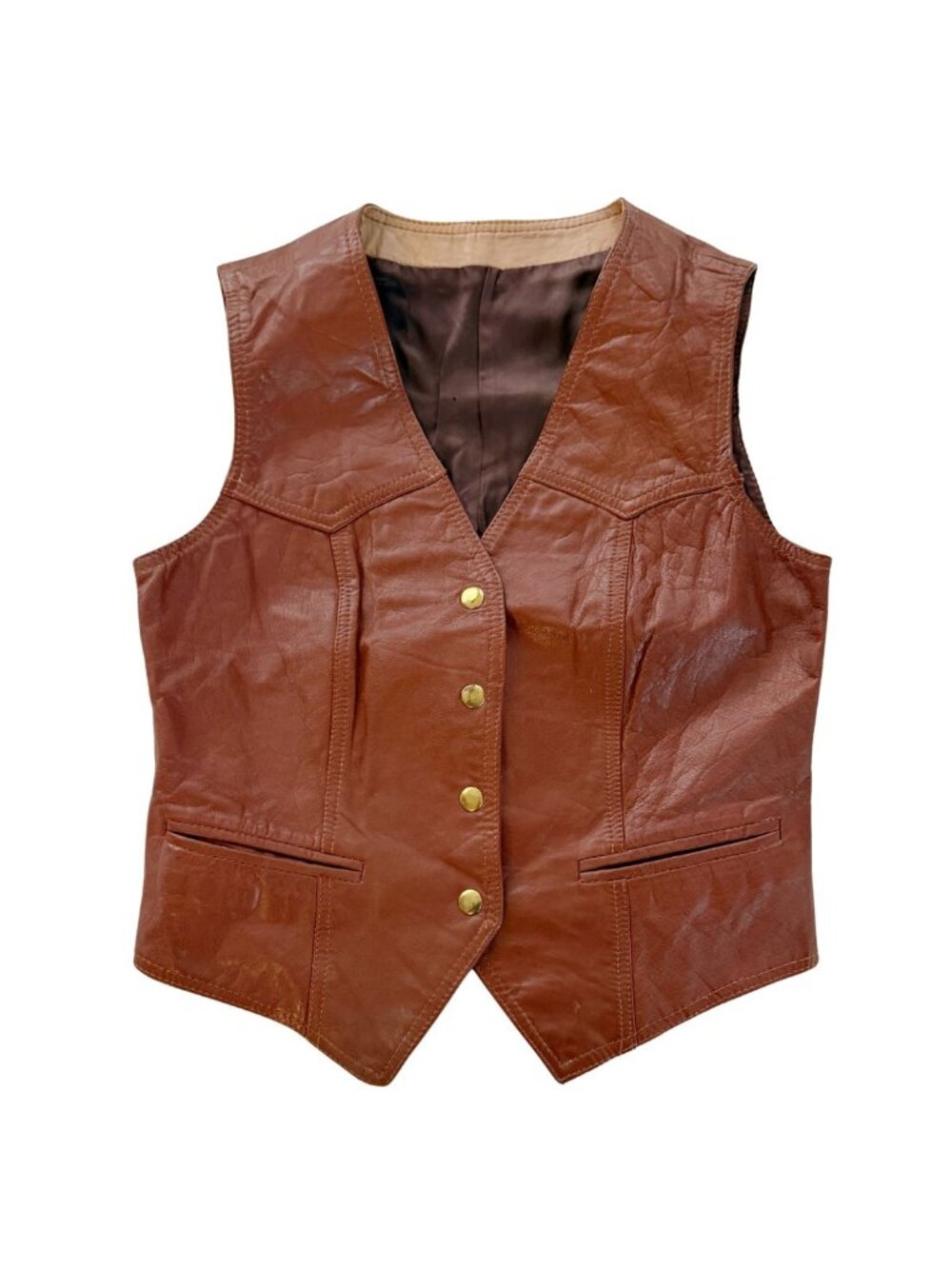 VTG 70s Handmade Colourblock Leather Vest - Cognac & Black (Snap Front)